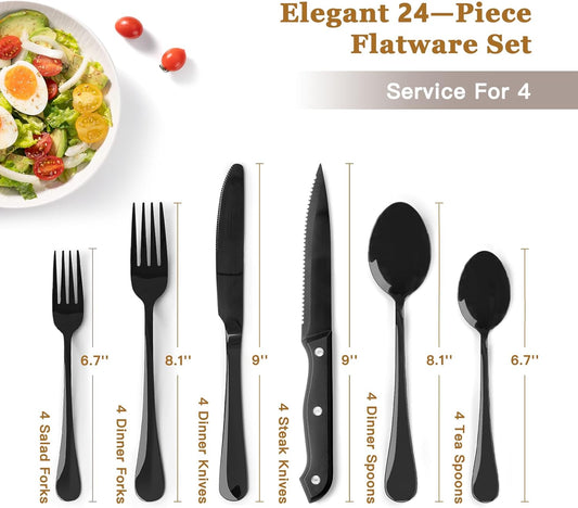 24-Piece Stainless Steel Silverware Set for 4 – Black Cutlery with Steak Knives