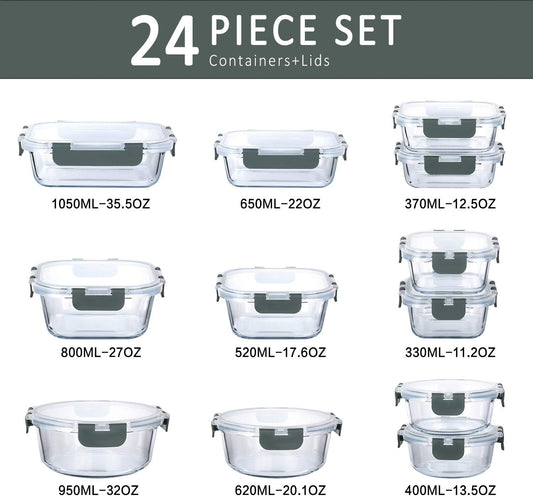 24-Piece Glass Food Storage Containers – Airtight Meal Prep Containers with Snap Lock Lids