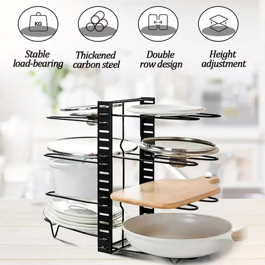 8-tier Metal Pan Organizer Rack, Multiple Use Modes For Pot Rack & Pan Rack For Kitchen Counter And Cabinet
