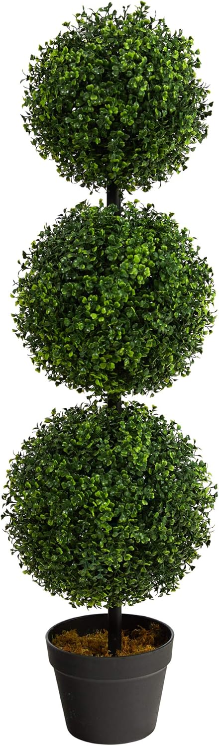36" Artificial Boxwood Topiary Tree – Triple Ball Faux Plant Indoor/Outdoor