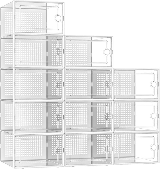 12 Pack X-Large Shoe Storage Boxes – Clear Stackable Sneaker Organizer